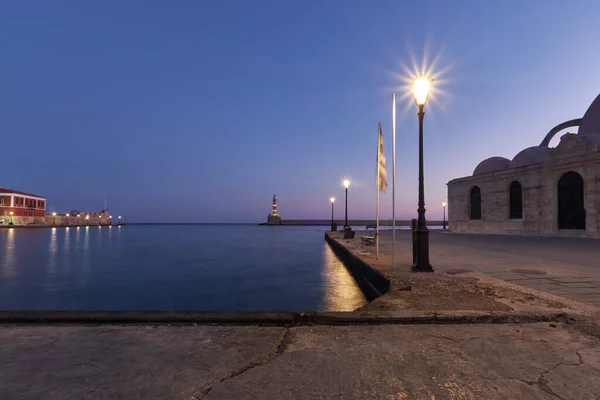 Oude Venetiaanse Haven Ghania Kreta Griekenland Richting Van Vuurtoren Ochtend — Stockfoto