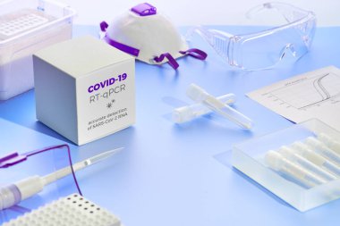Hızlı bir COVID-19 Coronavirus test kiti. 2019 nCoV PCR tanı kiti. Eldivenle birlikte kutuyla birlikte. İlk yardım çantası hasta örneklerinde kovid19 virüsü tespit etti. Test laboratuarı, araçlar PCR amplifikasyonu.