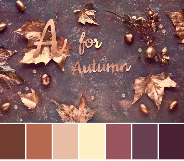 Color matching palette from stylish image of Autumn flat lay with painted golden leaves and text A for Autumn on dark brown