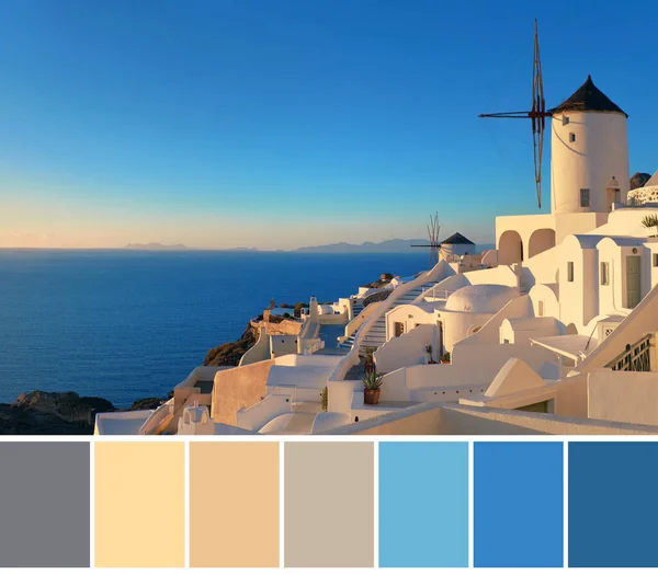 Color matching palette from image of raditional whitewashed windmills and architecture in Oia village, Santorini island, Greece on a bright sunset with blue sky.