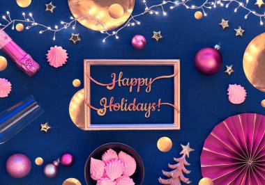 Altın çerçeveli Mutlu Noeller mesajı at. Altın ve pembe süslemeli Noel arkaplanı, üzüm ve tatlı