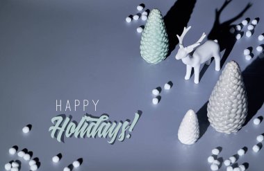 Siyah beyaz monokrom içinde geyik ve Xmas ağaçlarıyla son moda izometrik Noel düzenlemesi. İki tonluk kağıt arkaplan, iyi tatiller mesajı