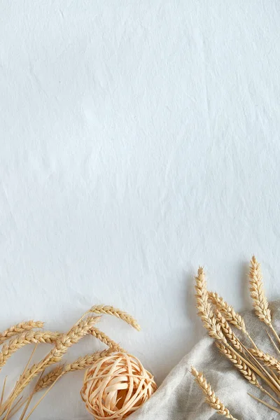 Beyaz tekstil arka planında buğday kulaklı düz yatıyordu. Kopya alanı ile en az sonbahar hasat tasarımı.