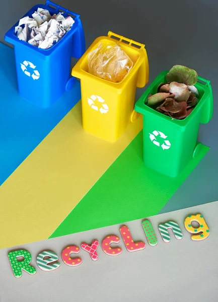 Three Color Coded Recycling Plastic Bins Isometric Projection Copy Space — Stock Photo, Image