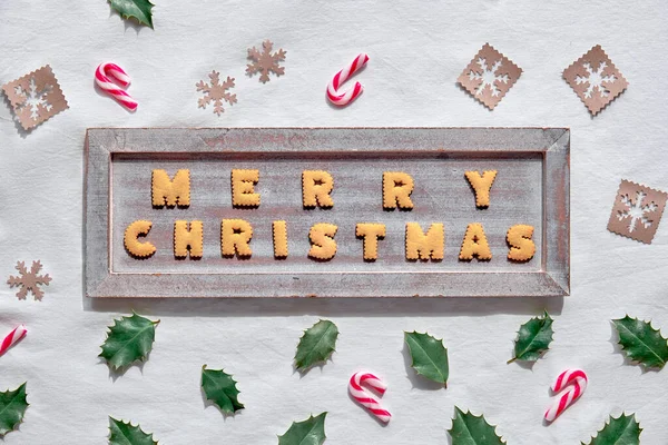 Ext Merry Christmas Made Cookies Rustic Wooden Board Geometric Flat — Stock Photo, Image