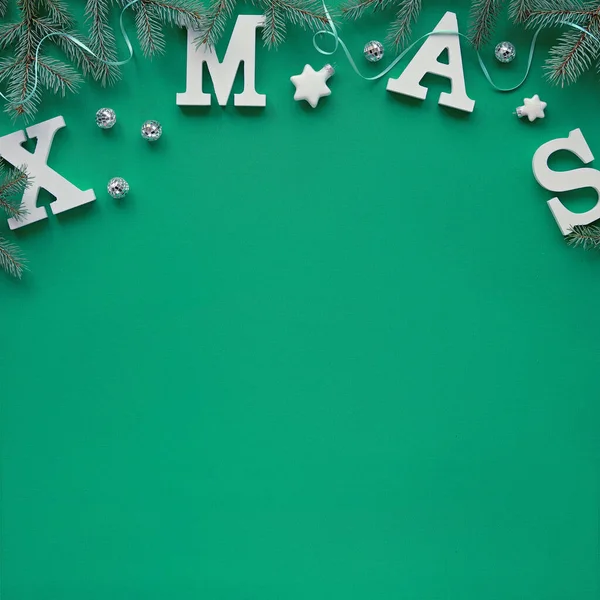 Creative Christmas Flat Lay Large White Letters Xmas Green Textile — Stock Photo, Image