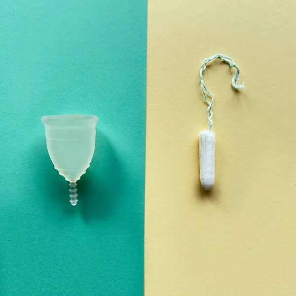 Reusable Silicone Menstrual Cup Standard Tampon Green Yellow Split Colored — Stock Photo, Image