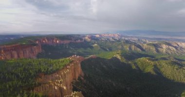 Hava kamerası, yoğun olarak yeşil çam ağaçlarıyla kaplı kanyondan uzaklaşır (Zion Ulusal Parkı, Utah, Usa)