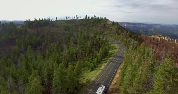 峡谷の崖の上の森の中の高速道路に沿って運転する白いキャラバンの空中ビデオ シオン国立公園 ユタ州 アメリカ — ストック動画