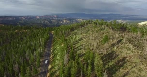 Kamera Rörlig Antenn Utsikt Över Ravinen Med Tallskog Motorväg Och — Stockvideo