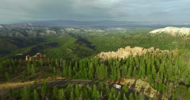 在雾蒙蒙的天空下俯瞰峡谷悬崖的松林中的高速公路上 一架白色拖车伴随着空中摄像头 犹他州锡安国家公园 — 图库视频影像