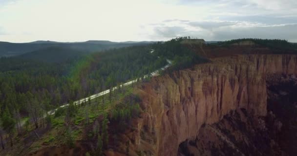 Flygvideo Som Vit Trailer Rider Längs Motorvägen Bland Tallar Nära — Stockvideo