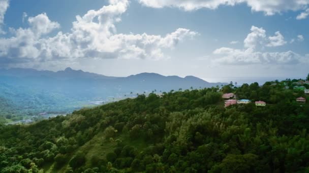 Foto Aérea Coloridas Casas Denso Bosque Cima Una Montaña Mar — Vídeos de Stock