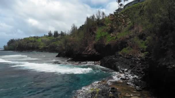 Luftpanorama över en stenig kustlinje med små vegetations- och turkosa havsvågor vid Kauai, Hawaii, USA — Stockvideo