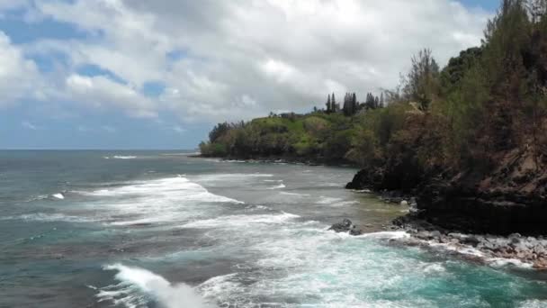 Drone atira a paisagem de um penhasco rochoso no oceano e uma casa no topo em Kauai, Havaí, EUA — Vídeo de Stock