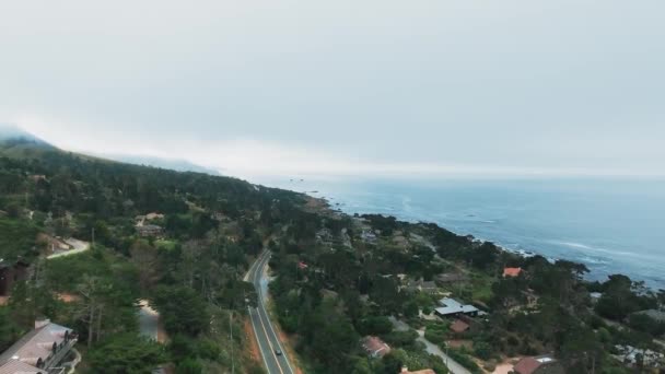 Drone shot de la ville près de l'océan, voitures, toits de maisons Californie, États-Unis — Video