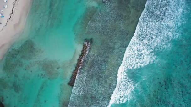 Drone aereo di onde e acqua azzurra, spiaggia e tetto dell'hotel a Bridgetown, Barbados — Video Stock