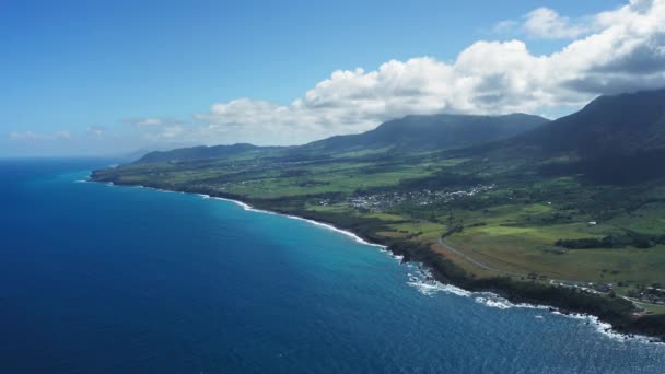 Blick aus der Vogelperspektive auf das blaue Meer, die schwarze Küste, grüne Felder und bewaldete Berge in St. Kitts und Nevis — Stockvideo