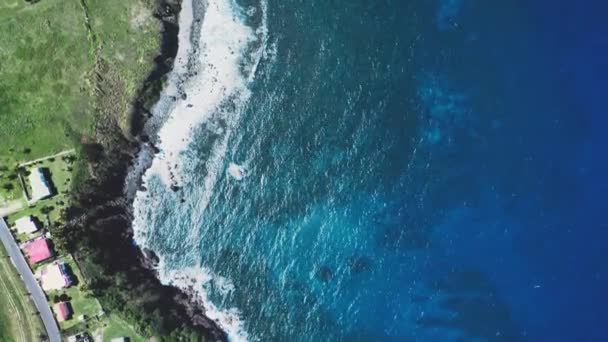 절벽 위의 맨 다운 드론 사진, 세인트 키츠와 네 비스 섬 근처에서 어슬렁어슬렁 거리는 푸른 바다 — 비디오