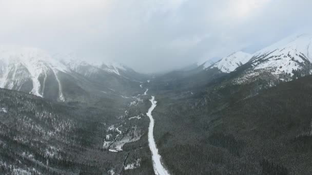 Foto aerea aerea aerea di una bellissima foresta invernale in montagna e una lunga strada verso l'orizzonte in Alberta, Canada — Video Stock