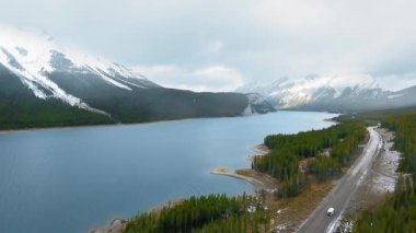 Kanada Alberta 'daki Sprey Gölleri Barajı kıyısındaki yeşil ormanın insansız hava aracı görüntüleri.