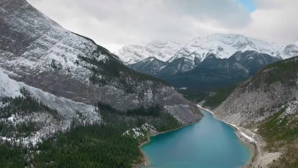 カナダのアルバータ州の湖の周りの森林で覆われた空中ビデオ冬の山々 — ストック動画