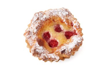 Beyaz arka planda izole ekşi kiraz pasta ekmek