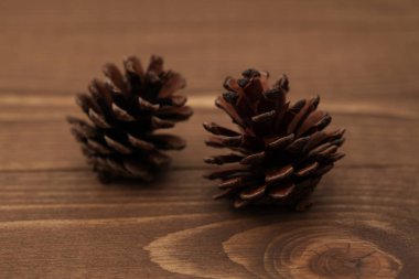 ahşap masa üzerinde izole pinecones