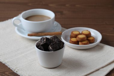 cookies with milk coffee on wood table