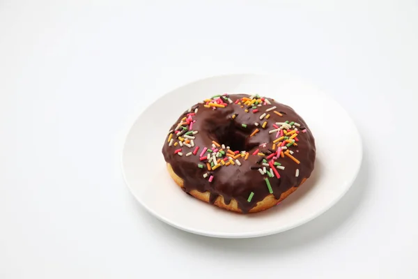 Chocolate Frosted Doughnut Plate White Background — Stock Photo, Image