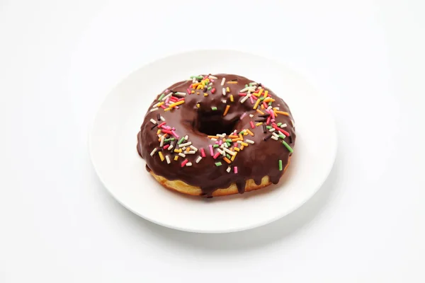 Chocolate Frosted Doughnut Plate White Background — Stock Photo, Image