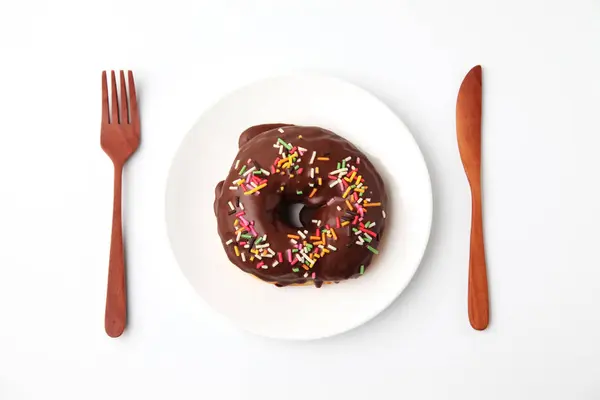 Chocolate Frosted Doughnut Plate White Background — Stock Photo, Image