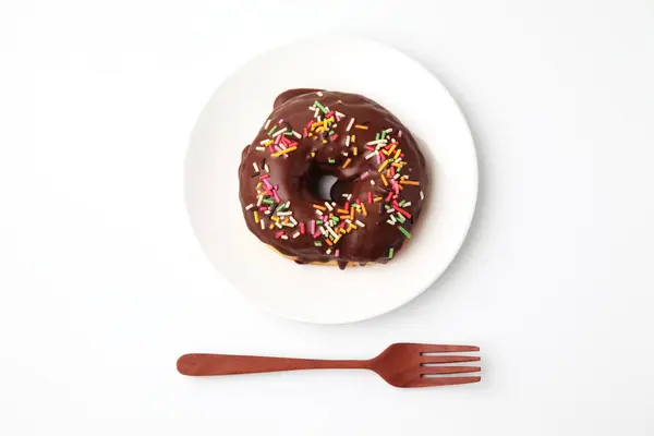 Chocolate Frosted Doughnut Plate White Background — Stock Photo, Image