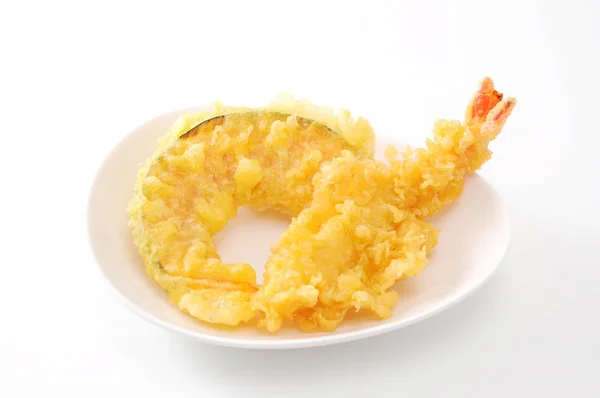 Tempura Crevettes Citrouille Sur Assiette Sur Fond Blanc — Photo