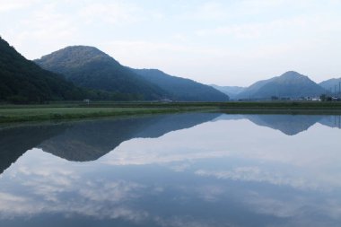 pirinç tarlasının su aynasındaki dağlar ve gökyüzü