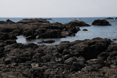 Japonya Wakayama 'da mavi denizli kayalık bir sahil.