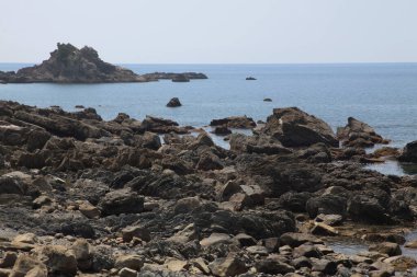 Japonya Wakayama 'da mavi denizli kayalık bir sahil.