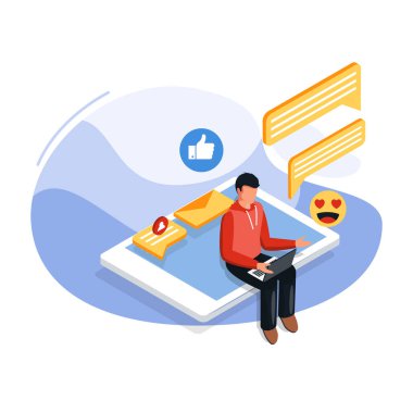 Sosyal medya kavramı: Erkek, dizüstü bilgisayarda okunup cevap verildiğinde aşk ifadeleriyle mutlu olur. Çevrimiçi iletişim. Isome Sosyal Medya illüstrasyon konsepti. Vektör