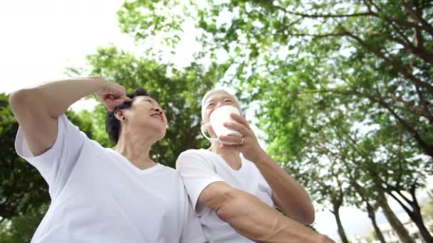 Asiatiska Senior Par Prata Skratta Njuta Park Natur Grön Bakgrund — Stockvideo