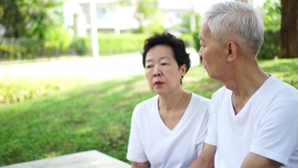 Aziatische Senior Paar Praten Toekomst Pensionering Groene Residentie Park — Stockvideo
