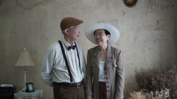 Asian Senior Couple Dating Vintage Dress Giving Flowers Valentine Day — Stock Video