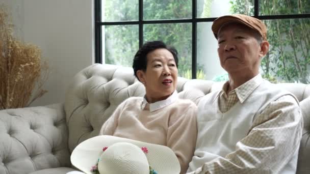 Reiche Asiatische Senioren Pullover Auf Luxus Sofa Hause — Stockvideo
