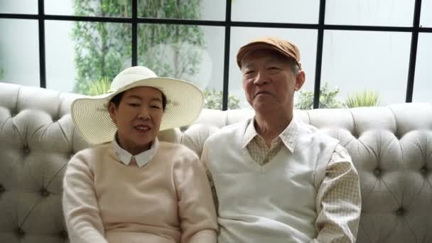 豪華な家のソファーでセーターの豊富なアジア シニア カップル — ストック動画