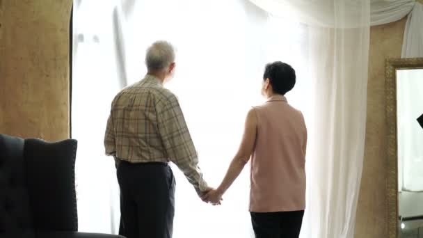 Pasangan Senior Asia Yang Kaya Raya Bergandengan Tangan Depan Tirai — Stok Video