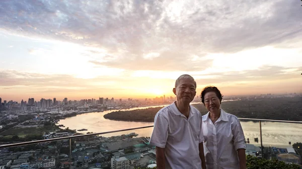 Asian Senior Couple Morning Sunrise Luxury Condominium Thailand — Stock Photo, Image