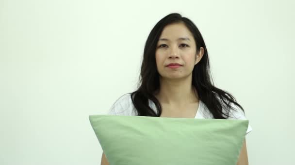 Asian Woman Hug Soft Feather Pillow Smile Happiness Slow Motion — Stock Video