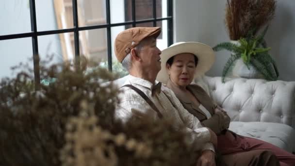 Old Asian Couple Talking Retro Luxury House Video Clip