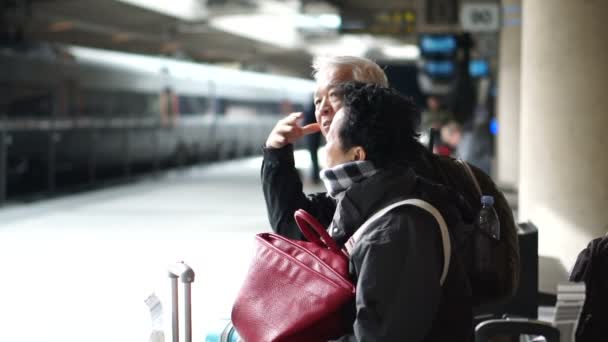 Asijské Starší Pár Kufry Čekání Vlak Evropě Samostatně Cestovat Výlet — Stock video