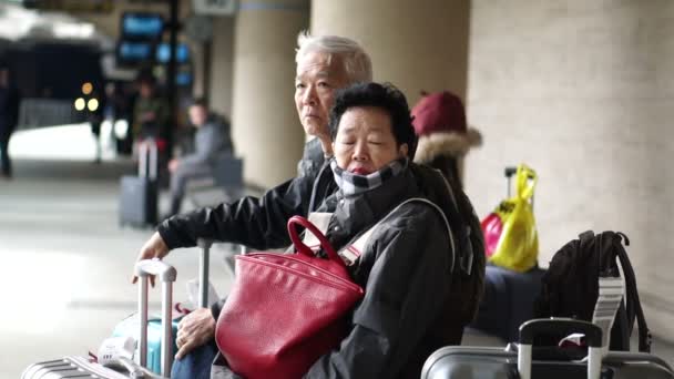 Aziatische Senior Paar Met Koffers Wachten Trein Europa Zelf Reizen — Stockvideo