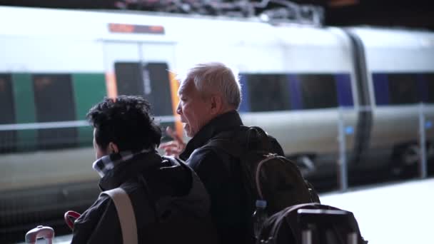 Asiática Pareja Ancianos Con Maletas Espera Para Tren Europa Viaje — Vídeo de stock